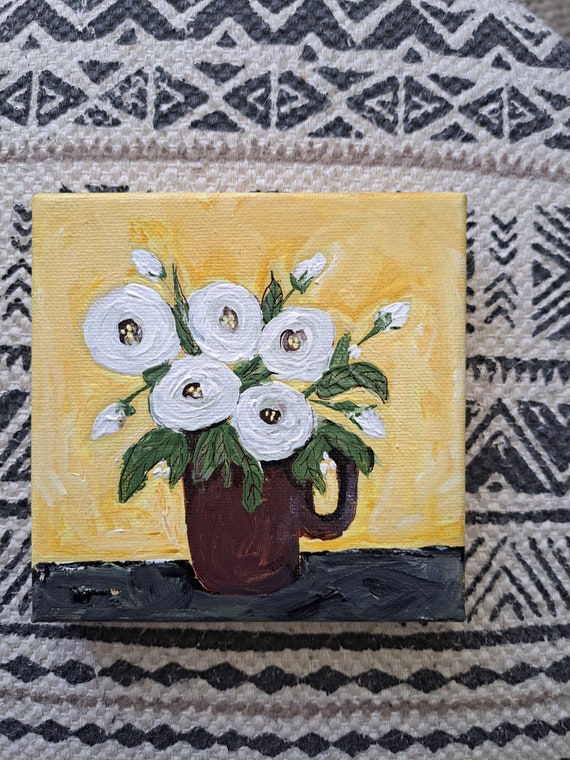 Original acrylic painting- Vase of 5 White Flowers- Yellow and White small art gift idea -5x5 Unframed Small art Floral Artwork