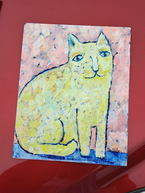 Yellow Cat Original acrylic painting "If Van Gogh Painted Cats" -8x10 Canvas PANEL- Impressionist Wall Art- Abstract Cat artwork