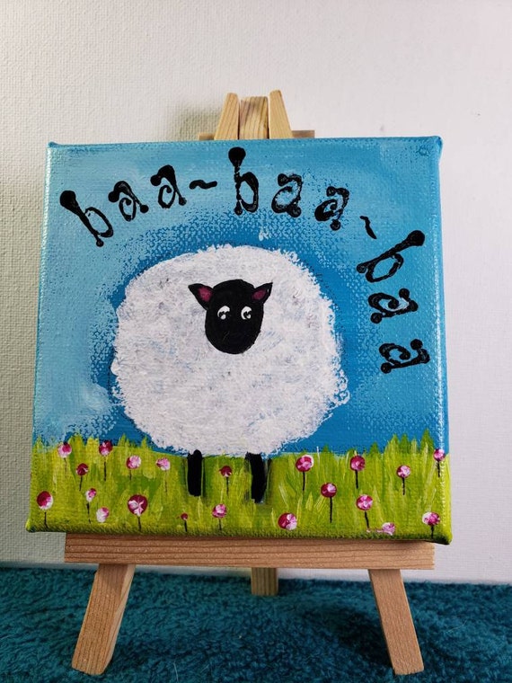 Sheep ART "Baa-Baa-Baa" -original acrylic painting- 4x4 small art includes display easel -tiered tray art -whimsical gift idea
