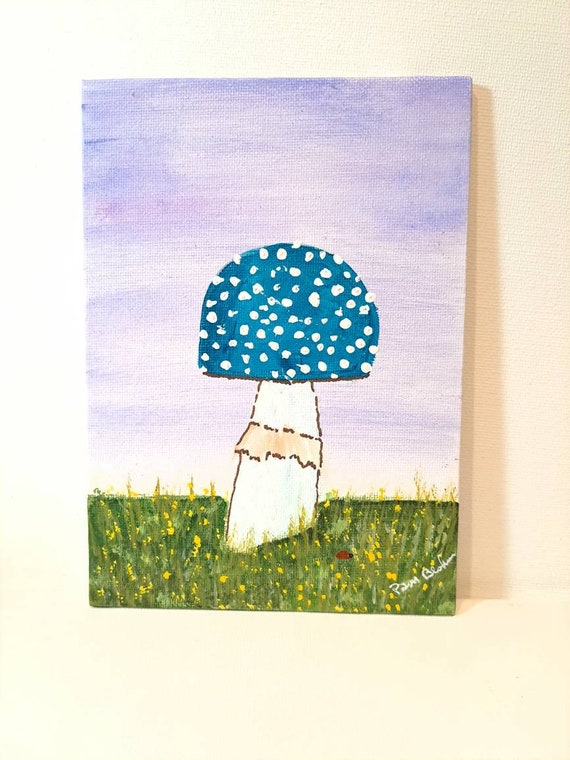 Teal Mushroom small art - 5x7 linen canvas panel-original acrylic painting