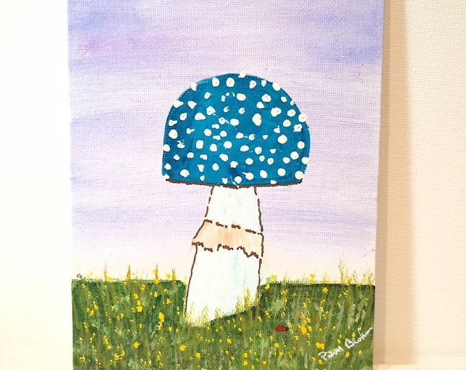 Teal Mushroom small art - 5x7 linen canvas panel-original acrylic painting