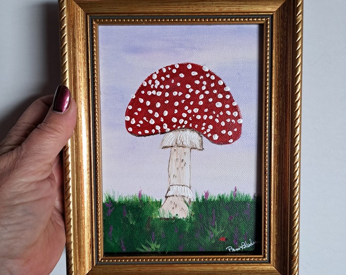 Red Cap Fly Agaric Mushroom -Gold Framed 5x7 Original acrylic painting- Fungi Small Art