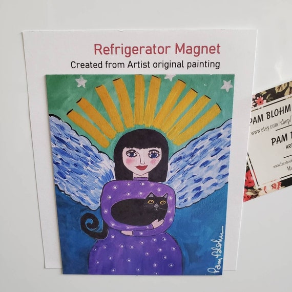 Angel Fridge MAGNET "Angel with Cat" kitchen decor -Angel small art gift idea-Cat lover - made in USA