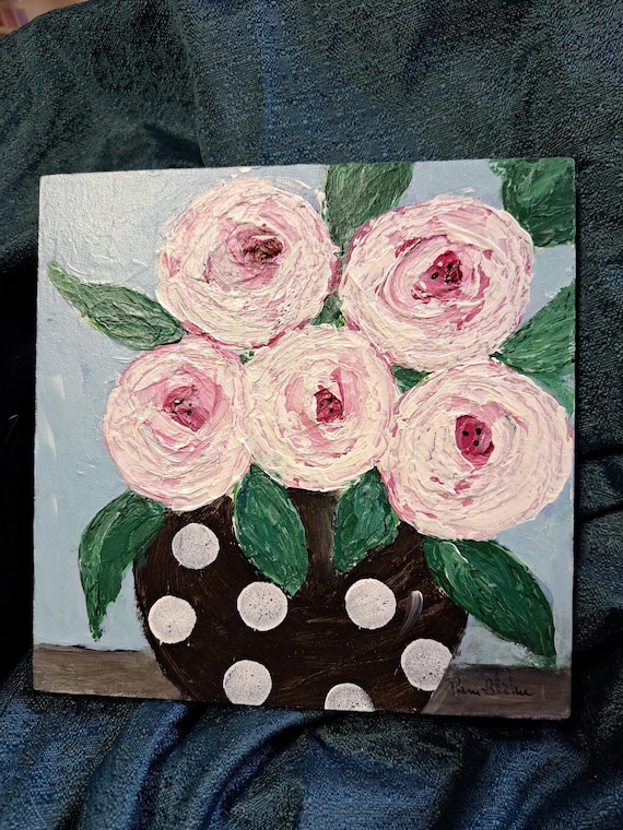Pink Flowers in a Polka Dotted Vase - Original acrylic painting- 6x6 Floral artwork