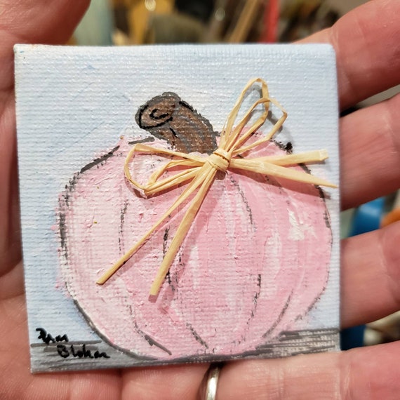 Small art "Tiny Pink Pumpkin" Original Acrylic Painting-2.5x2.5 inch Fridge Magnet canvas panel magnet-Gift idea under 15