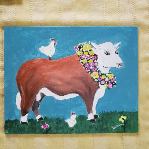 Original "Cow with Flower Lei " Acrylic Painting- Tribute to Ira Yeager Series-8x10 canvas Panel cow artwork- Boho wall art- farmhouse cow