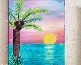 HAWAII "Sunset Beach" original acrylic painting- 11x14 unframed stretched canvas - palm tree wall art