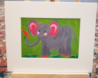 Elephant with Bird Artist PRINT- "Samuel's Elephant" - 5x7 white matted to 8x10 frame size.  ZOO Theme Nursey Art - Kids Room Gray Elephant