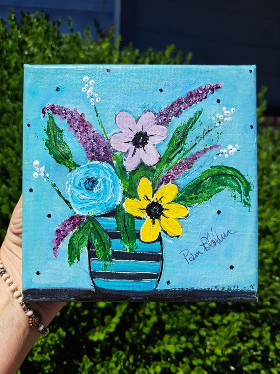 Vase of Wildflowers- 6x6 original acrylic painting-Blue and Black Stripes vase with Small art flower bouquet