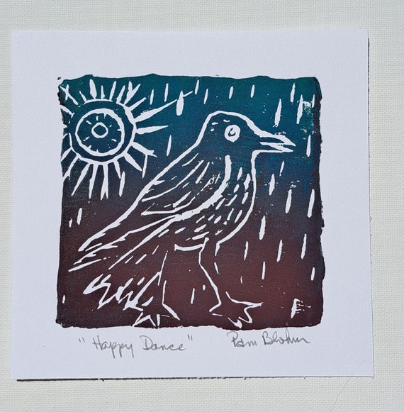 Linoleum Print "Happy Dance" Bird in the Rain -5.5 inch Printed Bird and Sun Wall Art- Turquoise and Burgandy home Decor