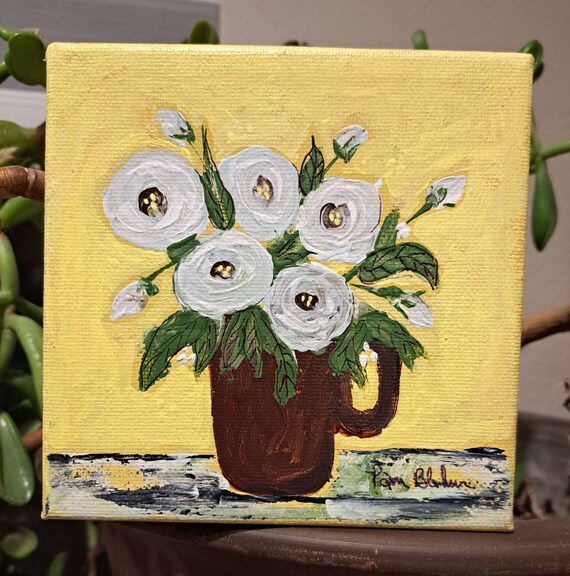 Original acrylic painting "5 White Roses" - 5x5 flowers in vase home decor- Yellow wall decor