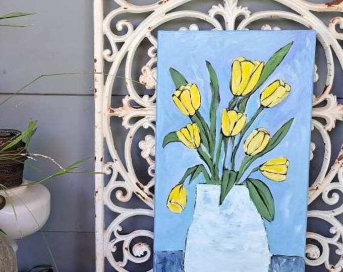 Yellow Tulips Original acrylic painting-10x20 unframed stretched canvas- White Vase of Spring Tulips wall art- yellow and Blue home deco