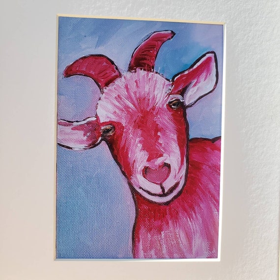 PRINT Whimsical Goat "Ruby the Pink Goat" - 8x10 white matted farm animal art - Kids Room Art - Goat lovers wall art