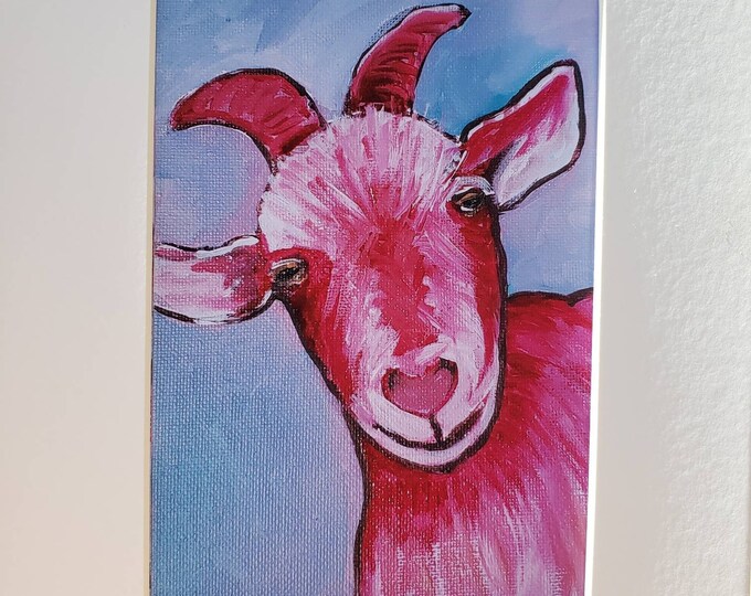 Whimsical print  "Ruby the Pink Goat" - 8x10 white matted farm animal art - Kids Room Art - Goat lovers wall art