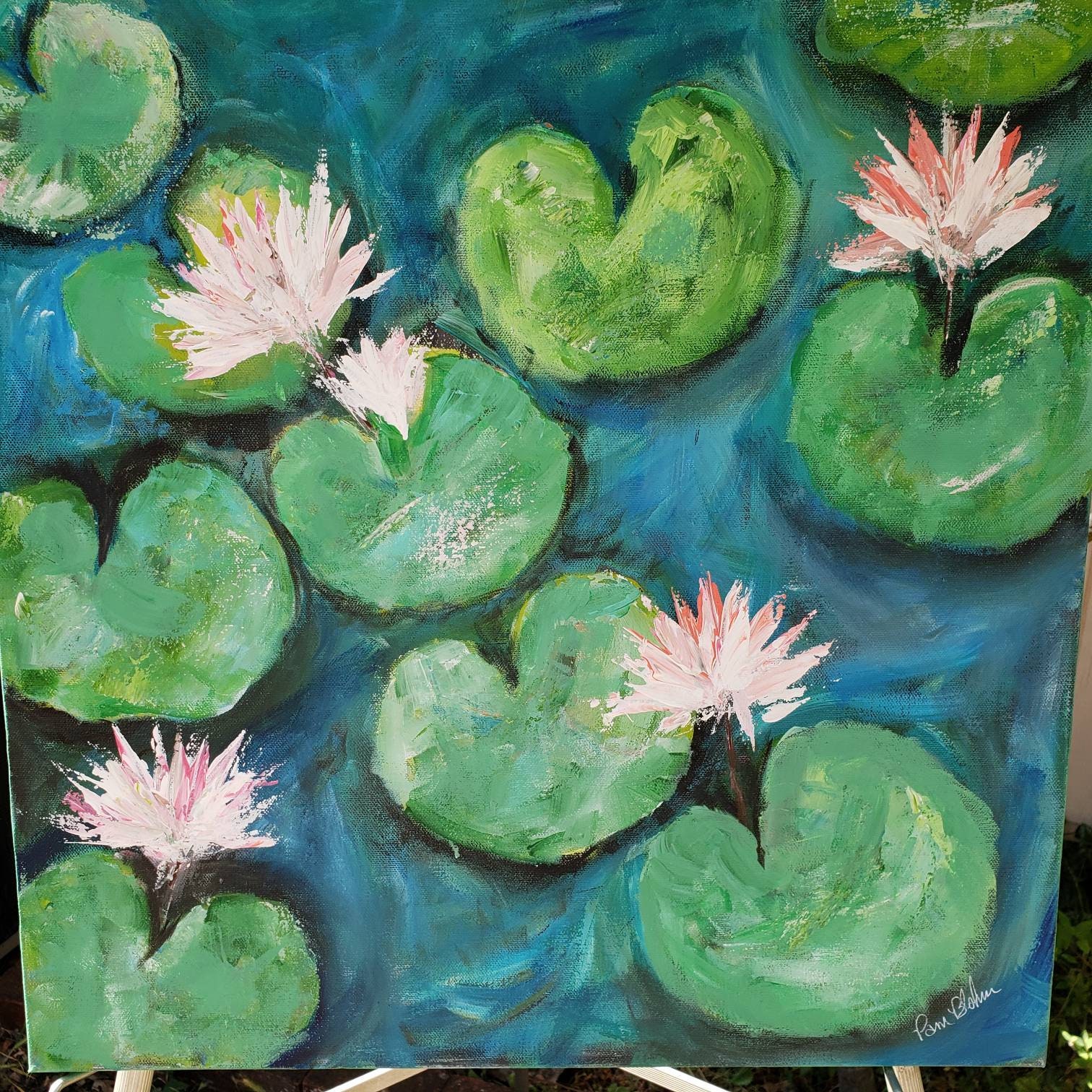 Original Lilies In Bloom Acrylic Painting x Gallery Wrapped Canvas Wall Art Flower Art Lily Pads In Water Artwork Water Gardens