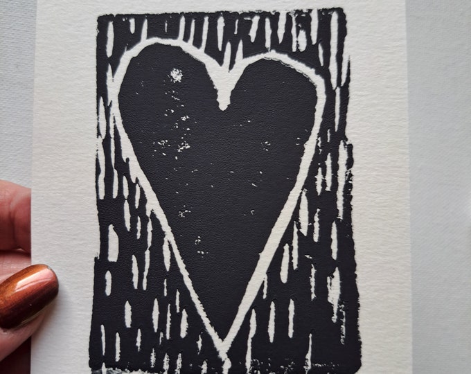 Heart art Lino Block Print- Black "Heart" unfamed wall art - 3.75 x 5 " - small art home decor-small art