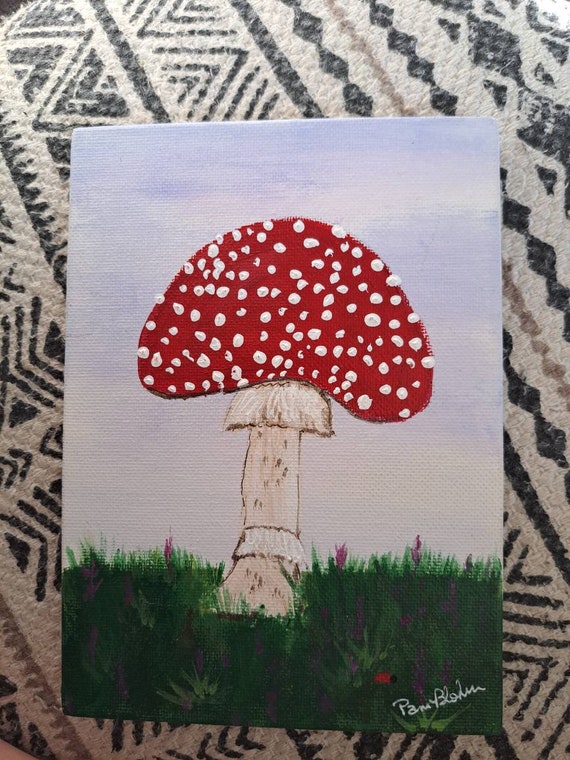 Fly Agaric Mushroom Acrylic Painting -Red Cap Fungi Original artwork -Unframed 5x7 linen canvas Panel