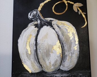 White Pumpkin "Winter White" Fall home decor- Original acrylic Painting with 24K gold leafing. unframed 8x10 "