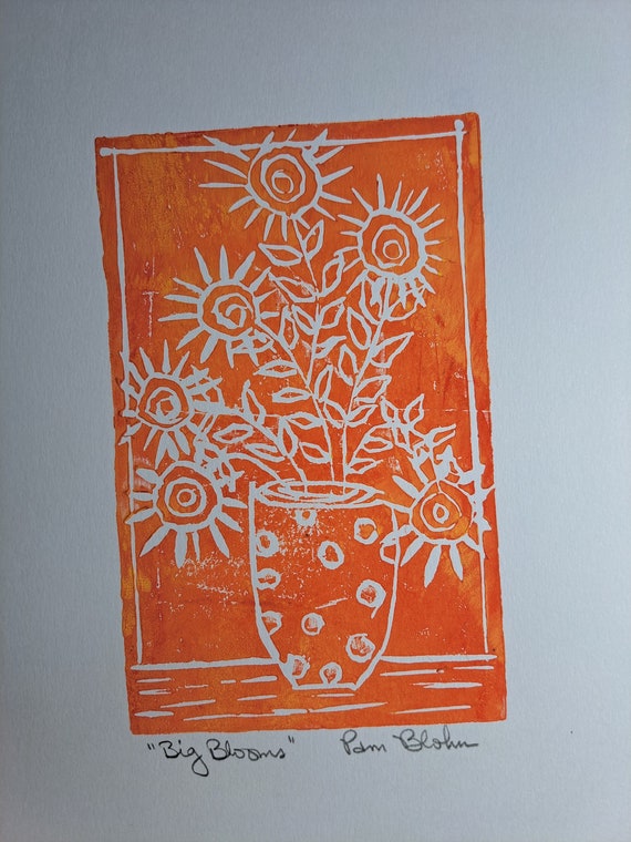 LINOLEUM Block Print Vase of Sunflowers "Big Blooms Yellow Orange Ink-7.5x9.75