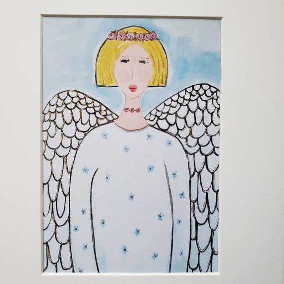 Angel art PRINT "Soaring Wings " Blonde Angel Home Decor- Angel Collector Wall art - Angel Nursery Theme - White Matted to 8x10-free ship
