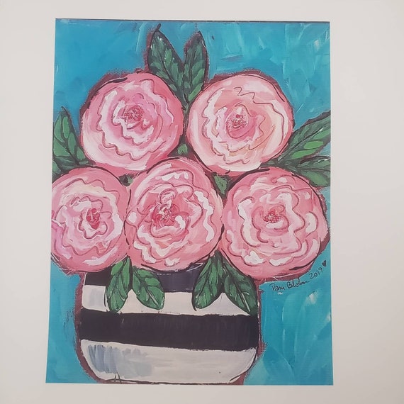 PRINT -Abstract Flowers in Striped Vase- white matted to 8x10- Wall art Print