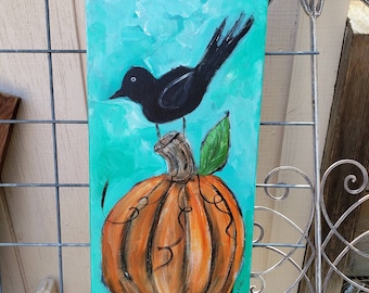 Perching Crow  "Blackbird Sitting" --10x20 original acrylic wall art- Orange Pumpkin & Crow- Fall Holiday Decor - Fall 2022 Home Decor