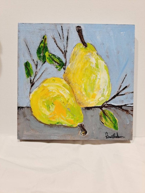 Yellow Pears Original Acrylic Painting on Birchwood canvas- 7.75 inch square Birchwood canvas- kitchen wall decor