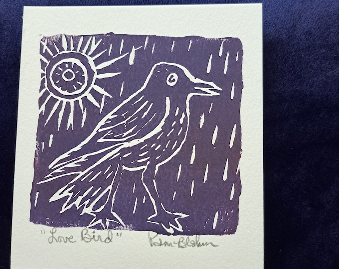 Bird Linoleum Block Print "Love Bird" Purple ink Bird and Sun in the Rain -5x5.5 inch unframed PURPLE home decor Wall Art