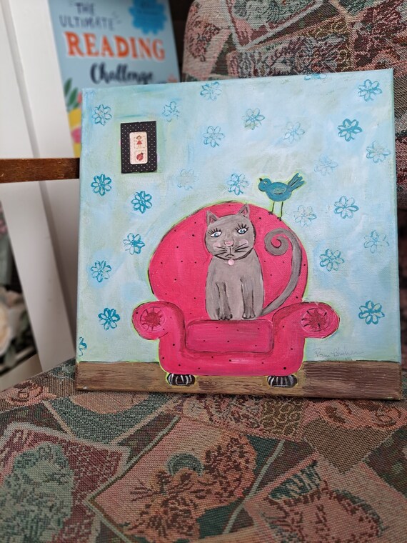 Original Cat Art "Maxine the Cat " Acrylic Painting - 12x12 wall art-Cat in her PINK Chair art - Cat lover gift