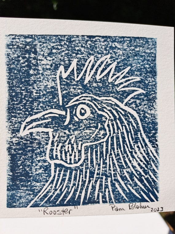 Rooster Linoleum Block Print "Rooster" - Denim Blue Home Decor -unframed 5x5 " farm animal