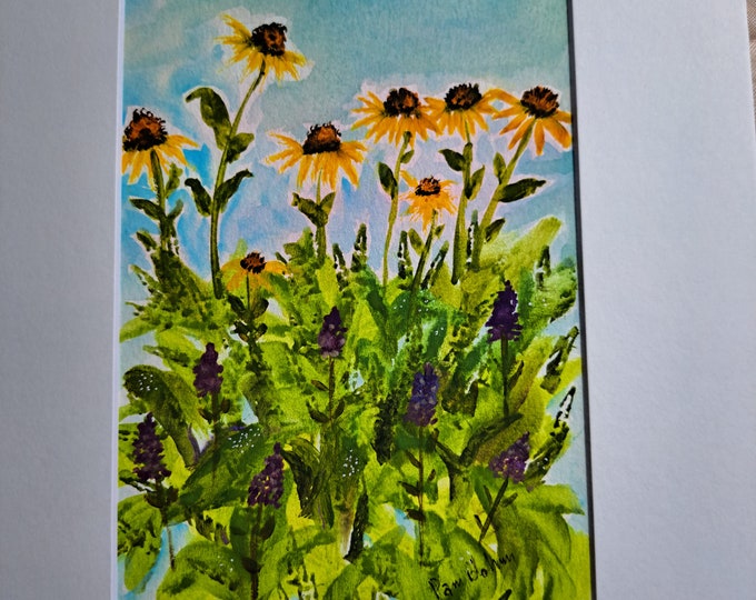 Watercolor Original "Garden Colors " -Yellow Cornflowers and Lavender Flowers  White  Matted to 8x10 frame size- Flower wall art