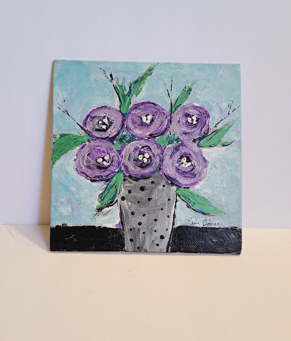 Grey Polka Dot Vase of 6 Purple flowers- Unframed Small art - 6x6 Canvas Panel Floral Bouquet