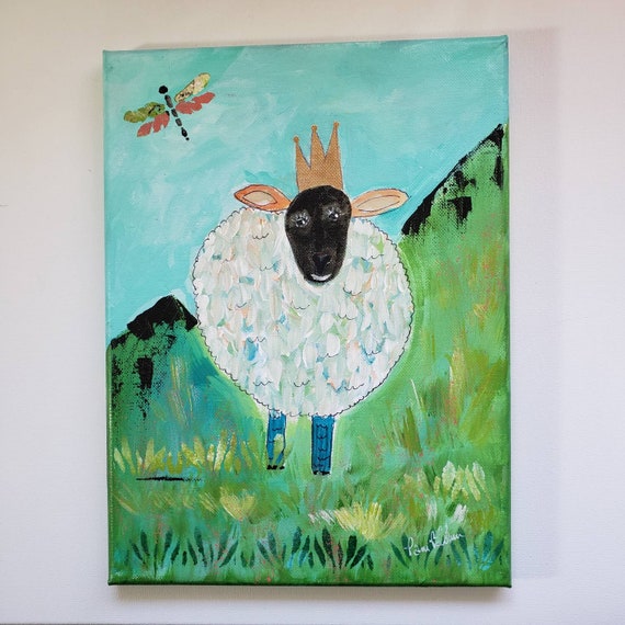 Original Acrylic Painting-" Sassy Sheep" -9x12 farm animal artwork-Nursery Wall Decor -Whimsical Crowned Sheep