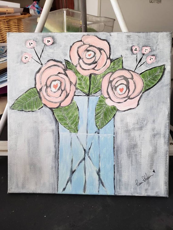 Vase of Peach Flowers in Blue Vase-12x12 original acrylic painting-3 flowers Wall art - Floral art home decor