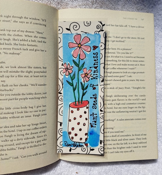 Bookmarker-Original Watercolor and ink painting- laminated with designer paper -One of a kind gift idea under 10 - 2.5x7"