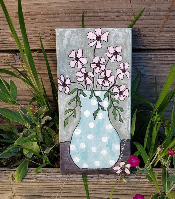 Polka Dot Vase "Spring Fling" Pink Flowers- 7x14 Original Acrylic Painting - Flowers home decor -Whimsical Wall art- Vertical art