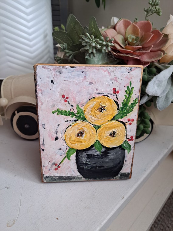Vase of 3 Yellow flowers -Original acrylic painting-4.25x5.25 Upcycled Birchwood canvas-small art gift idea