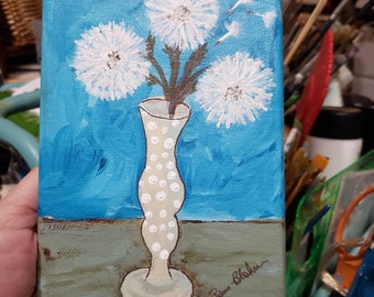 Dandelions in Polka-dot vase- "Blowing Wishes" 5x7 original acrylic painting-Unframed Stretched Canvas