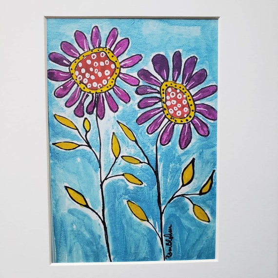 Artist PRINT " Whimsical Purple Flowers " - Abstract Flower art- BOHO Flower art - white matted to 8x10 frame size