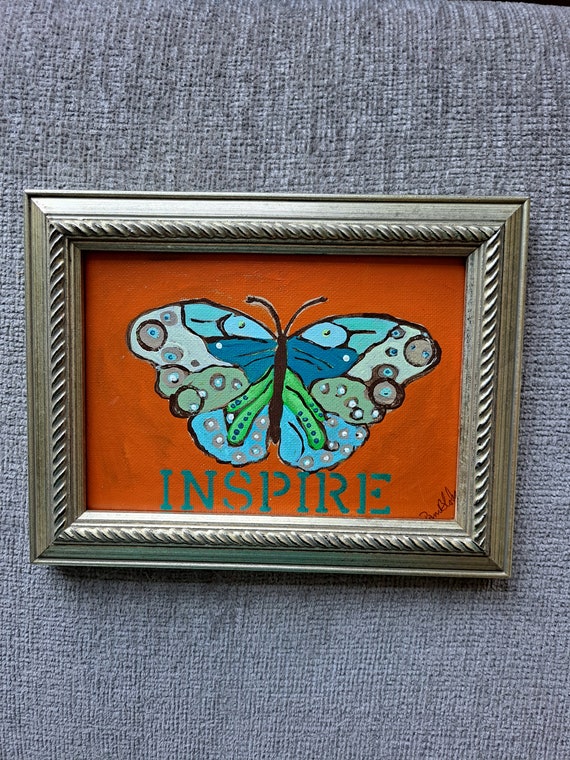 FRAMED Butterfly "Inspire" Original Acrylic Painting -Boho Earthtone Wall art  -FRAMED 5x7 Canvas Panel  - Small art gift idea