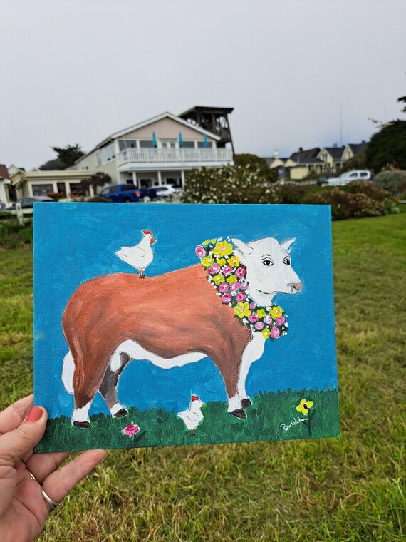 Original "Cow with Flower Lei " Acrylic Painting- Tribute to Ira Yeager Series-8x10 canvas Panel cow artwork- Boho wall art- farmhouse cow