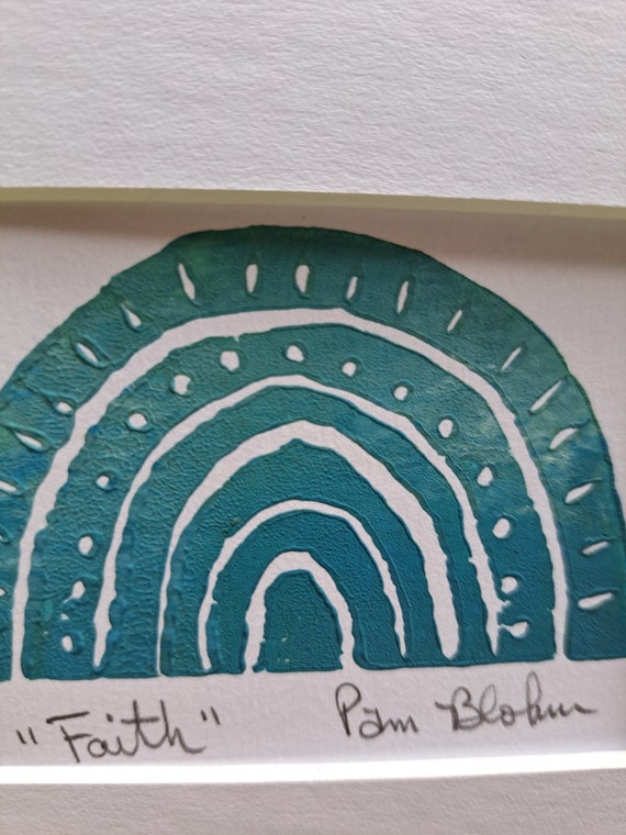 Linoleum Block Print -5x7 White Matted One of a kind- "Faith" Boho Rainbow - shades of teal