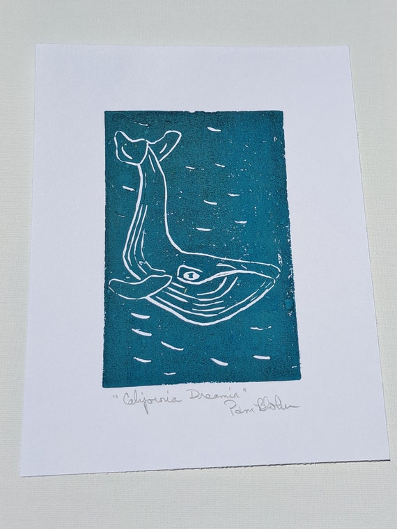 Humpback WHALE Linoleum Block Print "California Dreamin" - Diving Whale Wall art -7"x9" deep Blue Green Home Decor