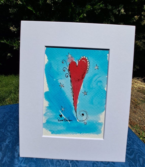 Red Heart art - "Follow Your Heart" Watercolor and ink Original -White matted to 8x10 standard frame size