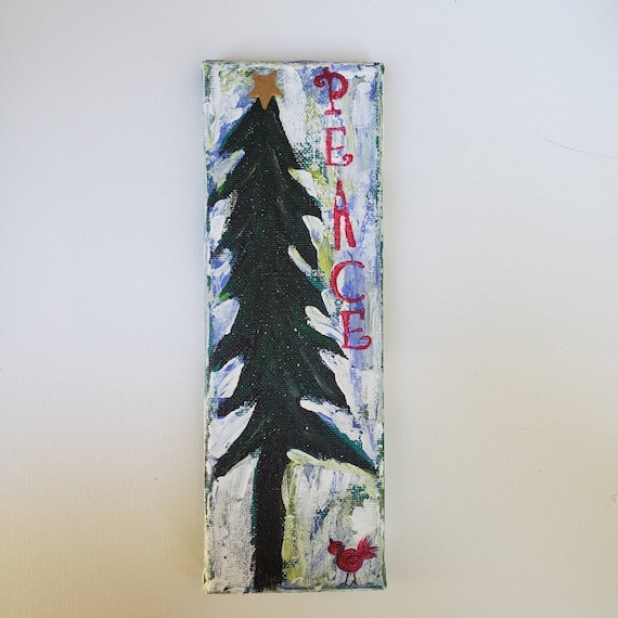 Small art original-PEACE Christmas decoration - 3x9 canvas Holiday decor for home or office.