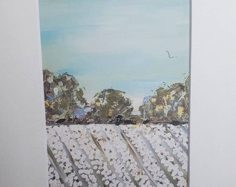Fine Art  PRINT "Summer Cottonfield" -from original painting by Pam Blohm-white matted 5x7 to  8x10
