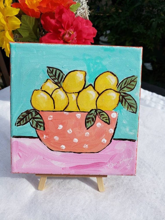 Original Acrylic Painting "Tropical Lemons " - 6x6 Kitchen Decor- Small art on Stretched canvas