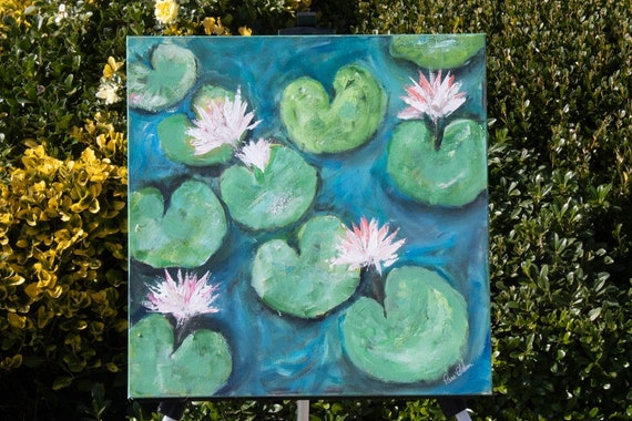 Original " Lilies in Bloom" Acrylic Painting -20x20 gallery wrapped canvas wall art -Flower art- Lily Pad Water Garden- Large Art