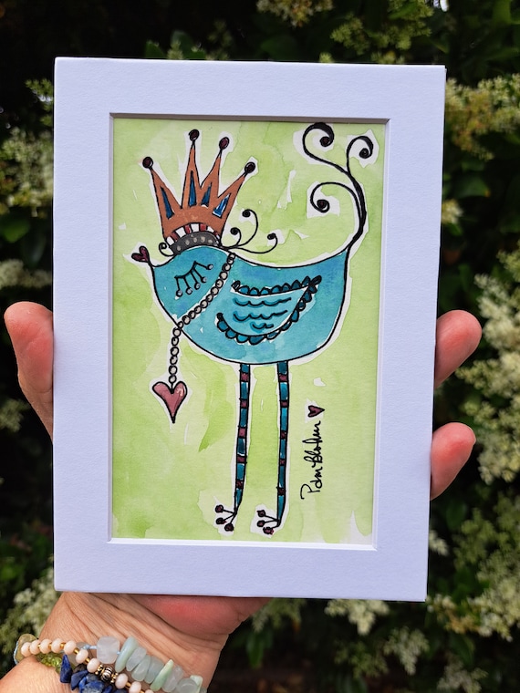 Whimsical "Blue Birdie" Original Watercolor and ink painting - white matted to fit standard 5x7 frame size - small wall art - crowned bird