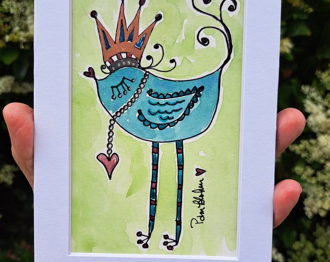 Whimsical "Blue Birdie"  Original Watercolor and ink painting-- white matted to fit standard 5x7 frame size - small wall art - crowned bird